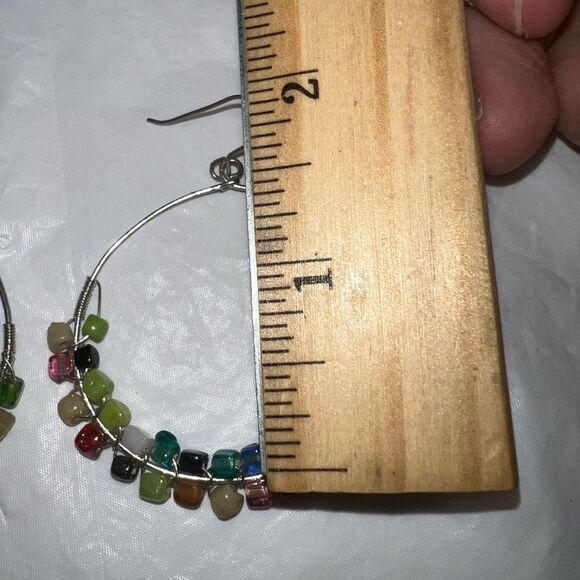 Boho Silver Tone Gemstone Chakra Dangle Hoop Earrings - Picture 6 of 9